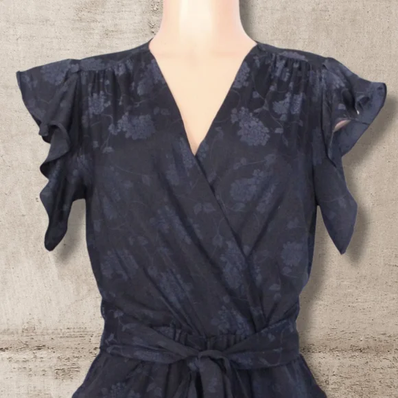 Midnight Navy Floral Jacquard V-neck Wrap Jumpsuit XS - Picture 3 of 8